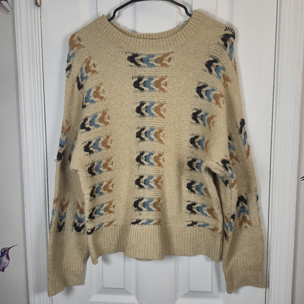 Grey Collective Southwestern Aztec Chevron Knit Oversized Sweater Beige S